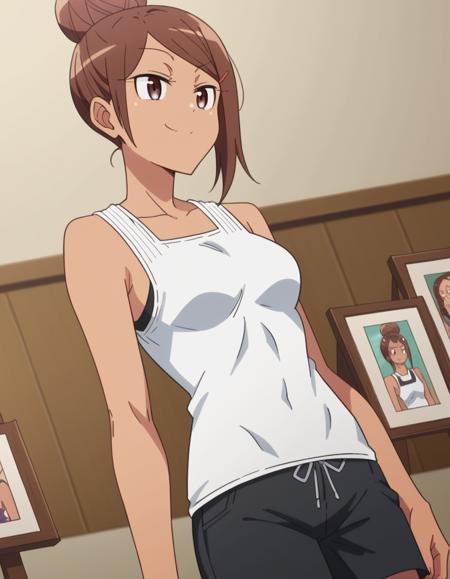 ayaka uehara, brown hair, hair ornament, brown eyes, hairclip, dark skin, hair bun, dark-skinned female, single hair bun, medium breasts, skirt, shirt, bow, school uniform, white shirt, short sleeves, collared shirt, bowtie, red bow, red bowtie, shirt, white shirt, shorts, sleeveless, sleeveless shirt, black shorts, tank top,