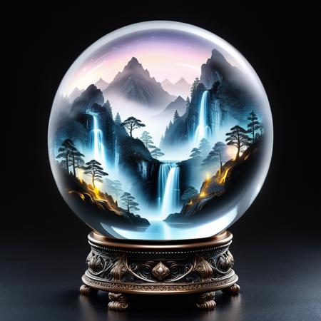 Universe in a glass crystal ball on a beautiful intricate stand made of . Galaxy, stars, space.. Emitting light. Glowing, mystical aura, polished glass, magical reflections, intricate stand, swirling mist, enchanted object, spiritual energy, mysterious shine. Black background. sinoink