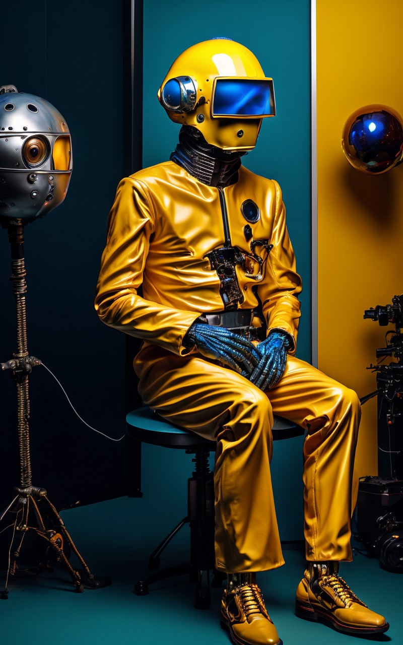 a statue of a man with a blue head and a yellow body , solo, 1boy, sitting, male focus, parody, helmet, robot, science fic...