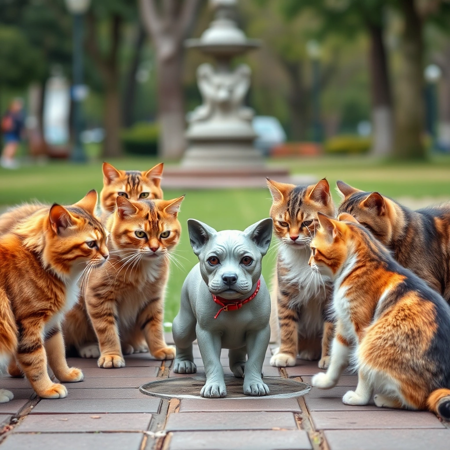 A group of angry cats are in a staring contest with a small statue of a dog in a park. The cats are ready to strike down the mangy mutt in the name of cats everywhere!