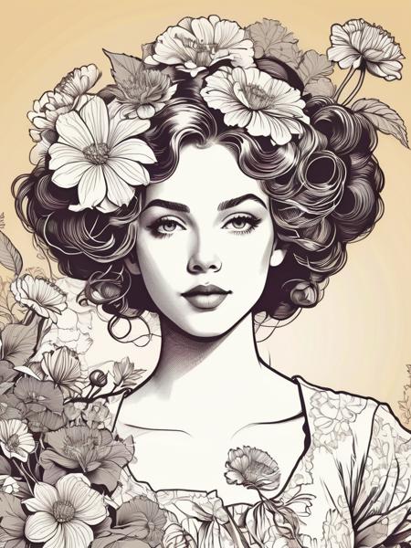 <lora:04Vintageillustration_Hap_XL:3.3>,Norman Rockwell style line art drawing of (psztzz), vector art, flat coloring, cel shaded, cel shading, illustration, vector illustration, vector coloring, Antique Grunge aesthetic, a alluring Bonairian woman with flowing hair made entirely of flowers, bright colors, stunning background. warm and bright sunlight, a mesmerizing blend of light and shadow. masterpiece, absurdres, intricate details , professional, sleek, modern, minimalist, graphic, line art, vector graphics