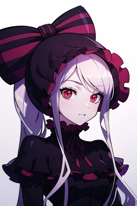 absurdres, highres, ultra detailed, <lora:ShalltearV3333-000023:0.7> shalltear, gray hair, red eyes, bonnet, hair bow, ponytail, black dress, long sleeves, upper body, fang, fang out, looking at viewer