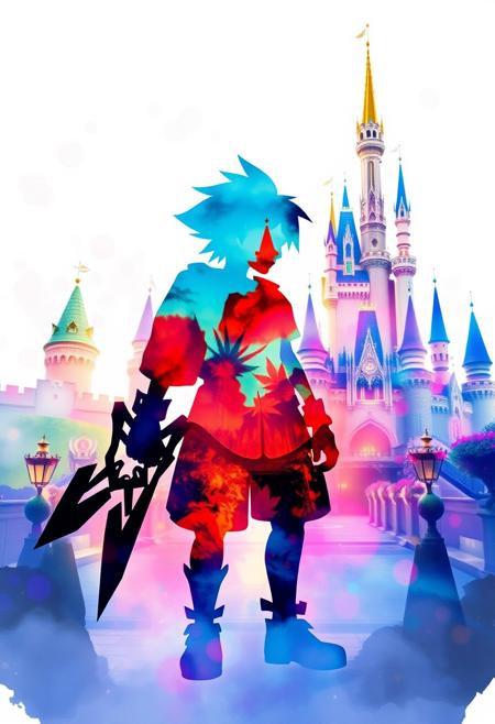 "Create a 2D watercolor double exposure of the silhouette of Sora from Kingdom Hearts, set against the vibrant and colorful backdrop of the Kingdom. The double exposure technique should blend the two images together, creating a dreamlike and ethereal effect. Sora's silhouette should be bold and striking, with his iconic Keyblade at the ready. The Kingdom should be depicted in all its glory, with towering spires and grand architecture. The colors should be bright and vivid, with a focus on capturing the sense of wonder and awe that the Kingdom inspires. The overall effect should be one of magic and enchantment, as if the viewer has stumbled into a fantastical world. Style: 2D watercolor, double exposure, colorful, and awe-inspiring."