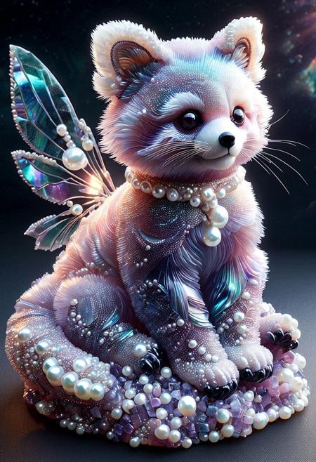 best quality, masterpiece, high resolution, intricate detailed,
beautiful photo of a Pearlum red panda sculpture made of fluorite mineral, flu0rite, iridescent, wings made of fluorite, 
translucent gems, pearls, 
background of a alien scenery,
rays of light, natural light,