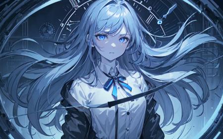 (best quality, masterpiece), (1girl, solo, dress shirt, jacket, expression face, standing, looking at viewer, blue eyes, long hair, upper body), (Monochrome, black room, glowing blue electromagnetic wave clock behind, blowing wind, glowing red chain ring behind,cogwheels, clockwork),