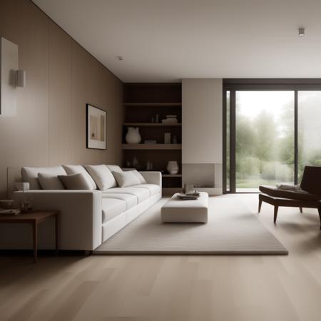 ((Best quality)), ((masterpiece)), ((realistic)) representation of a modern minimalist villa living room design. The living room embodies the essence of minimalism, featuring sleek architecture, clean lines, and wooden flooring. The warm-toned linear lighting gracefully illuminates the space, creating a cozy and inviting ambiance. The color scheme draws inspiration from Morandi colors, utilizing soft and muted tones that exude elegance and tranquility. The wooden flooring adds warmth and natural beauty to the room, complementing the overall aesthetic. The high-definition image captures every detail, showcasing the smoothness of the architecture and the richness of the wood. This modern minimalist design harmonizes aesthetics with functionality, providing a serene and luxurious living experience. On eye level, scenic, masterpiece.