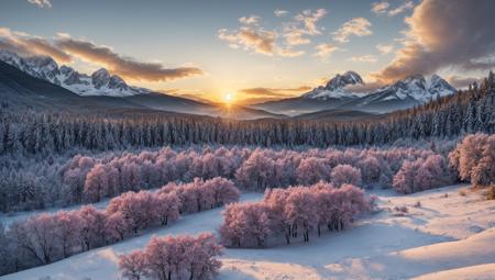 ((masterpiece:1.4,best quality)), cloud,  outdoors
(mountains), spring glade, scenery, sky, winter,
(early morning:1.4),morning red, high detail, abundant, 8k, high detail, wallpaper,