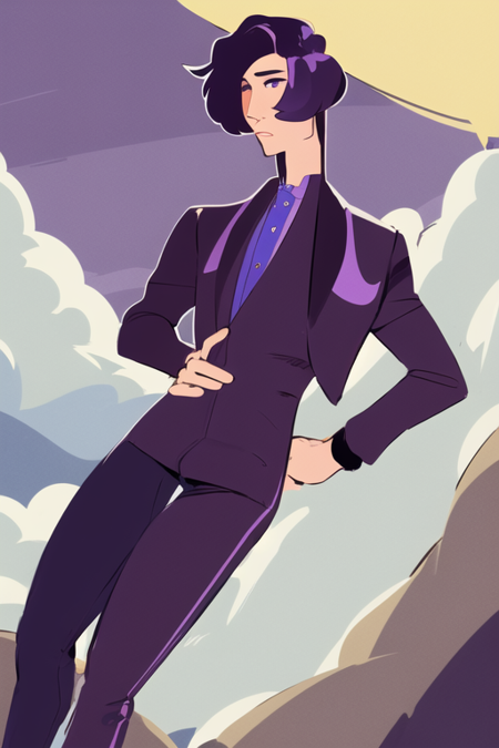 mature male, 3 piece suit, dark purple hair, purple eyes, parted bangs, very short hair, moon earring, masterpiece, rcdart