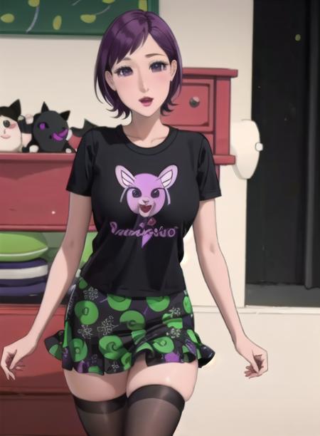 {best quality}, {{masterpiece}}, {highres}, original, extremely detailed 8K wallpaper, {an extremely delicate and beautiful},1girl,purple hair,makeup, purple_eyes, small eyes,smell,  whirt shirt,black skir,there are purple and green patterns on the skirt,black stockings,medium_breasts, <lora:zhangxiaoli:1>