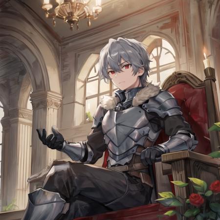 <lora:GoblinSlayer0:0.6>, high quality, best quality, masterpiece, solo, male focus, 1boy, goblin slayer, armor, fur collar, red eyes, grey hair, sitting, throne, (ruins), castle, indoors