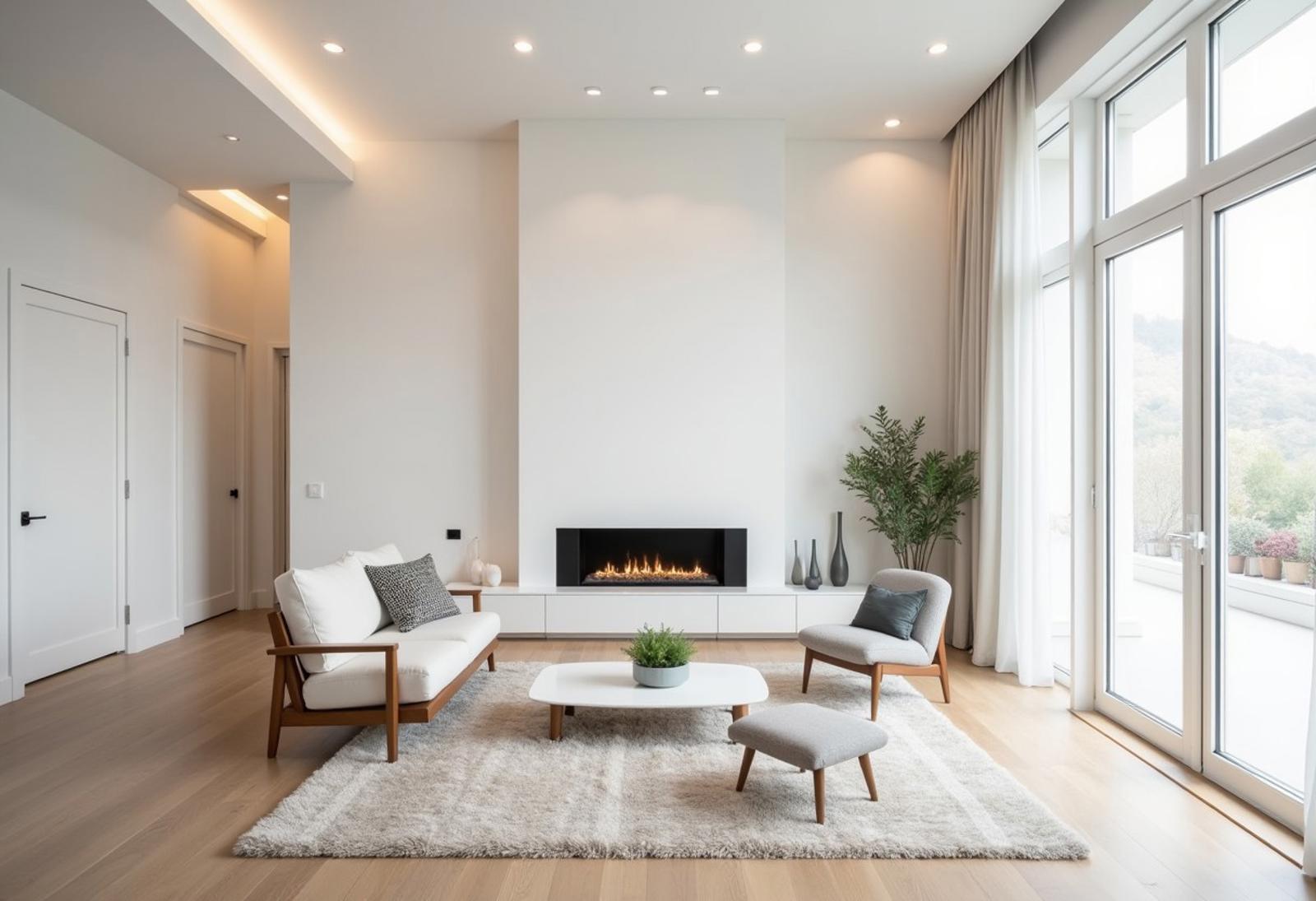 Modern house, white tone, some wood line, glasses door, living room