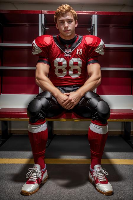 In an American football locker room, (sitting on a locker room bench), legs spread open, muscular ConnorMaguire is a (American football player) wearing (((red color jersey))), ((shoulder pads)), ((jersey number 88)), (((black football pants and pads))), ((red socks)), (long socks), (white sneakers), ginger hair, slight smile, photorealistic, masterpiece, (((full body portrait))), (full body), wide angle, (high face detail),   <lora:ConnorMaguire:0.8>