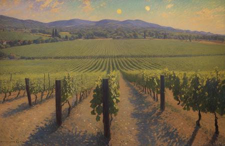 (impressionism:1.1), (Vincent Di Fate:0.9), vineyard ,patch ,plot , scene painting,a painting,scenery,