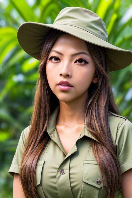 Picture, high quality, close up portrait, Koh_LilyMuniHe, working as a zookeeper, wearing a safari hat, khaki, zoo, habitats, greenery, perfect face, perfect eyes, sharp focus, bright colors, glow