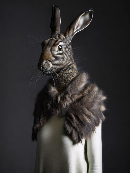 <lora:AnimalClothes:1>a rabbit wearing a sweater with a collar around it's neck