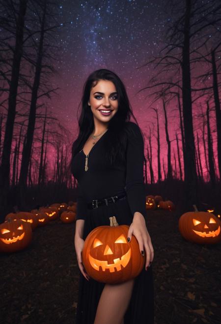 masterpiece, high quality, abstract, 1girl, vampire lady, elegant vampire clothes, centered, side view, black silhouette of a girl, (long flowy hair), flowy skirt, red bloody forest background, ((dynamic pose)), night time, dark theme, starry sky, glowing hair, cinematic, vivid colors, ((saturated neon colors)), perfect hands, anzhcdreamwave, aesthetic, Perfect Hands, aurora borealis, ((glowing halloween pumpkins)), ((bats))
score_9, score_8_up, score_8_up, BREAK, uncensored, long hair 18yo, secretary girl, black hair, green eyes, freckles, body freckles, long eyelashes, glossy pink lips, big bimbo lips, blushing, thick eyeliner, black eyeshadow, dark eyeliner, toned body, fit, skinny thighs, thigh gap, 
smiling, excited, small necklace, close up, portrait, 
luxury office, cleavage, secretary outfit, (arms behind back:1.4), breasts exposed, (puffy pink nipples:1.3), 
close up, portrait, 
dappled lighting, sun beams, early morning, dramatic angle, Expressiveh,