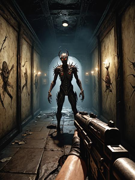 photorealistic first person shooter video game screenshot, art by Clive Barker