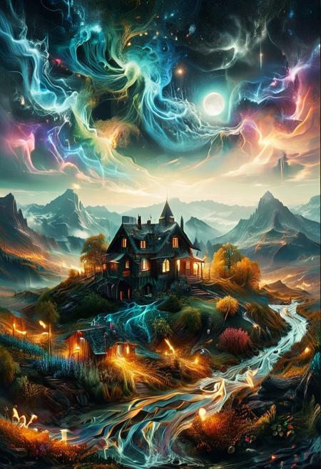 (by Ellen Jewett:1.5), (Bioluminescent Impressionism, The Dreamland), their peaks veiled in mist. mixed media, surrealism, great lighting, A surreal landscape highly detailed . extremely high-resolution details,  appears trapped in an optical illusion of reflections and refractions colorful , mountain cabin, professional photography, natural lighting, volumetric lighting maximalist. intricately detailed, complex, elegant, night, moon, meteor shower, expansive, fantastical, film photography style,  <lora:MJ52:0.3>  <lora:SDXLFaeTastic2400:0.4>  <lora:EpicF4nta5yXL:0.7>.ethereal landscapes, depth of field, biotech emotion:1.3) <lora:xl_more_art-full_v1:0.5> <lora:add-detail-xl:1> <lora:RMSDXL_Creative:2>, GhostlyStyle, lthndrtrl