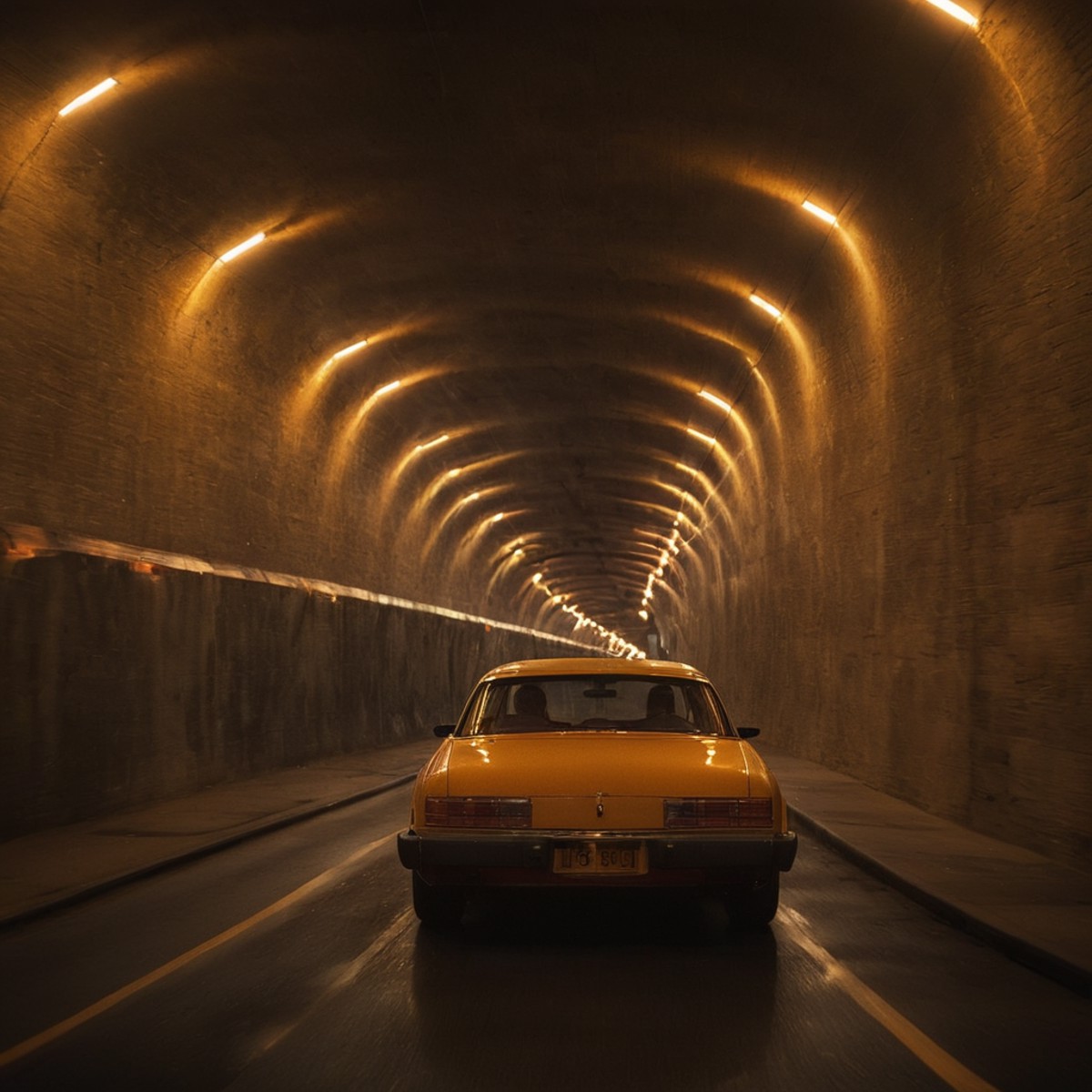 cinematic film still of  <lora:Warm Lighting Style:1>
warm light,a car driving through a tunnel with lights on,warm lighti...