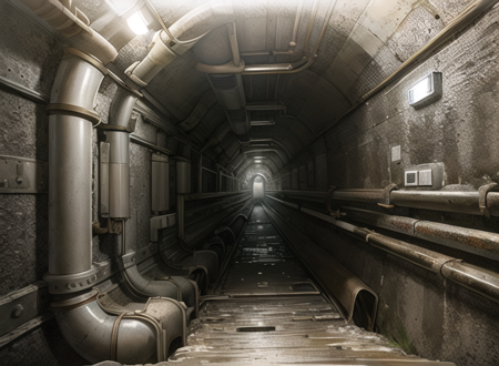 a tunnel with pipes and valves in it, <lora:Pipe-15:1>,penguin,dirt,steam,moisture,mud