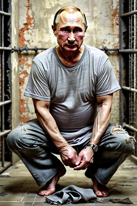 A photorealistic picture of an (((old Vladimir Putin))) in a dirty prison. He is down ((((((on his knees)))))) and scrubbing the dirty floor with a dirty rag. His face expresses absolute despair, (((crying))). He is wearing (((dirty ripped grey trousers and durty, ripped gray t-shirt, barefoot))).  <lora:putintheking:1.7>