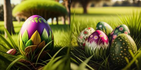 a group of colorful eggs sitting on top of a green field of grass with a decorative design on them, artist_name, blurry, blurry_background, blurry_foreground, day, depth_of_field, garden, grass, leaf, nature, on_grass, outdoors, palm_tree, plant, tree, tree_stump