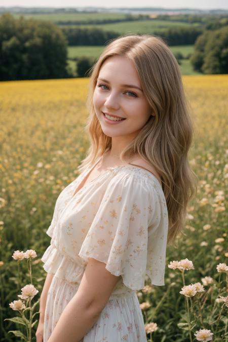 a photo of a woman, in her twenties, radiating an aura of playfulness and happiness, blonde and pastel light brown hair, top view, flower field, nature, outdoor, detailed background pale skin, shot on Porta 160 color, shot on ARRI ALEXA 65, bokeh