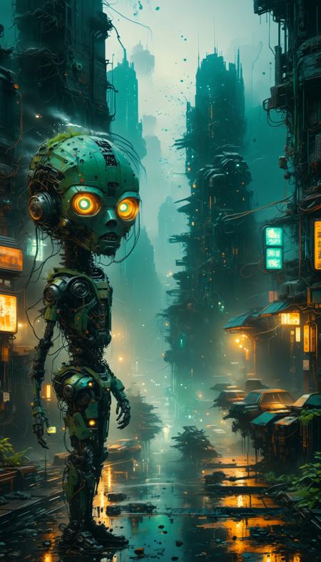 A humanoid figure with a head covered in intricate, glowing mechanical components and fine waterdrops on his body stands against a foggy, toxic, poisoned, thunderstorm, raining, destroyed cityscape, blending elements of science fiction and steampunk. The scene, dominated by poison green and black hues, exudes an otherworldly and post-apocalyptic atmosphere.

(robot:0.98), (raining:0.98), (futuristic city:0.95), (humanoid robot:0.92), (advanced technology:0.91), (green:0.90), (fog:0.90), (poison:0.90), (steampunk:0.89), (glowing eyes:0.89), (communication:0.87), (dynamic pose:0.85), (destroyed cityscape:0.84), (neon lights:0.82), (post-apocalyptic:0.81), (skyscrapers:0.80), (holographic ads:0.78), (thunderstorm:0.78), (flying vehicles:0.76), (pedestrians:0.74), (autonomous vehicles:0.72), (metallic accents:0.70), (fine detailed mechanical parts:0.68), (intricate design:0.65), (high-tech future:0.63), (sophisticated design:0.62), (vibrant glow:0.60), (network of walkways:0.58)