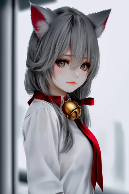 skistyle, 1girl, solo, animal ears, long hair, looking at viewer, bell, upper body, bangs, closed mouth, animal ear fluff, hair between eyes, grey eyes, blush, grey hair, cat ears, neck bell, shirt