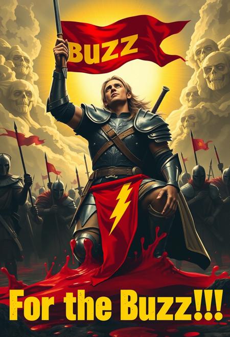 Propaganda Poster, text title stylized "For the Buzz!!!", a Lord of the Rings 3rd Age Legolas, worn armour, yellow lighting bolts logos on  clothing. The enemies slain. The knee deep in the blood of enemies. Blood is bright yellow instead of red. Banner planted in the heart a slain enemy. the Day is won, the sun gloriously shines a new day, Hero looks glorious, head raised towards the sky above Heroic,