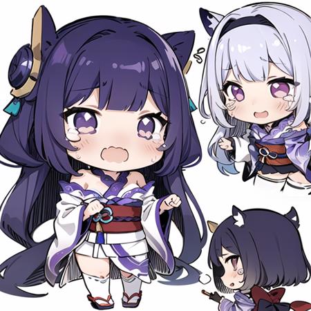 1girl, chibi, purple hair, purple eyes, raiden shogun, kimono, sobbing, white background <lora:Sesield:1>