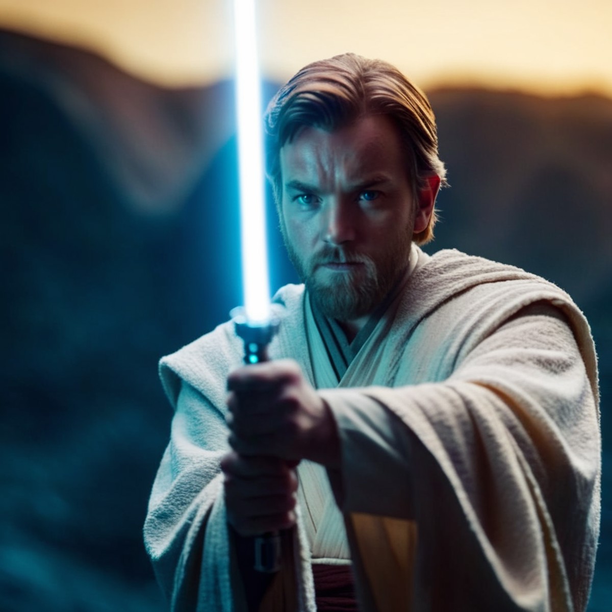 cinematic film still of  <lora:Obi-Wan Kenobi:1.2>
Obi-Wan Kenobi a young man in a robe holding a light saber in star wars...