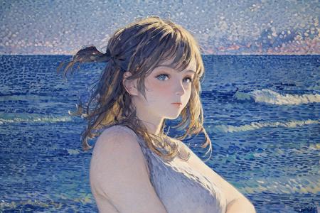 masterpiece,best quality,1girl,solo,ocean,pointillism,  <lora:pointillismv2-000019:1>