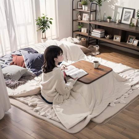 best quality, ultra-detailed, illustration,
kotatsu, 1girl, solo, black hair, book, reading, indoors, open book, long hair, plant, sitting, wooden floor, sweater, pillow, long sleeves, rug, 
<lora:JAPAN_Scenery_kotatsu_SD15_V2:1>