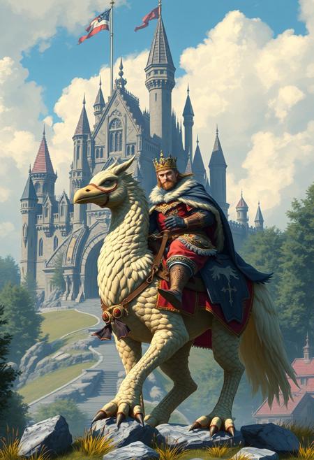 A Medieval king riding a Chocobo, magnificent castle on the background, proud king