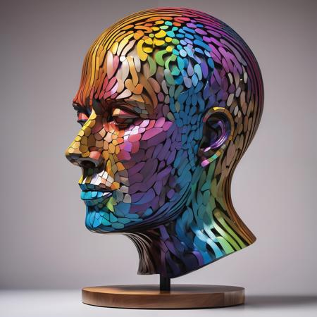 large multi colour (human head) sculpture on table, in the style of sketchfab, color gradients, collecting and modes of display, metallic rotation, craftcore, wood, spiral group, background is black