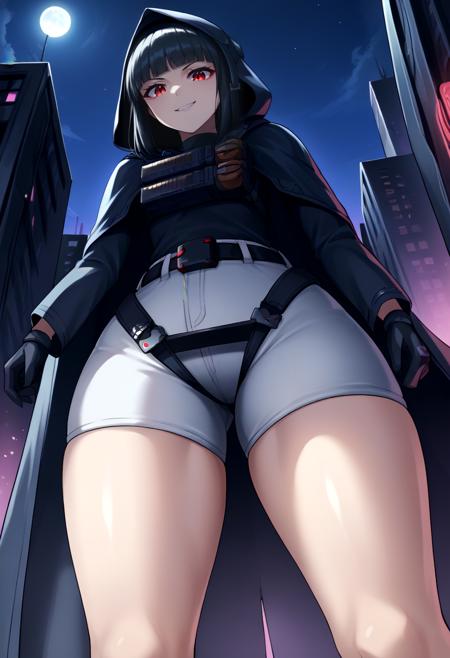 ddef, black hair, blunt bangs, red eyes, hooded cloak, grey shorts, tactical clothes, gloves, long sleeves, belt dwife, black hair, long hair, blunt bangs, hairclip, hair ornament, sidelocks, red eyes, necklace, grey dress, jacket, off shoulder, cleavage, black bra, barcode tattoo, arm tattoo, large breasts, unworn mask
