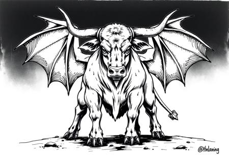 fantasy, ink art, comic style art, bull is standing with four feet, feet has claws, bat wings