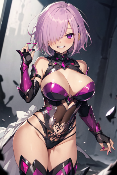 MashuCorrupted, 1girl, grin, short hair, open mouth, large breasts, armor, leotard, cleavage cutout, gloves, bare shoulders, thighhighs, purple eyes, panties, pink hair, purple hair, elbow gloves, nail polish, hair over one eye, see-through, bridal gauntlets, pubic tattoo, navel piercing, corruption, 