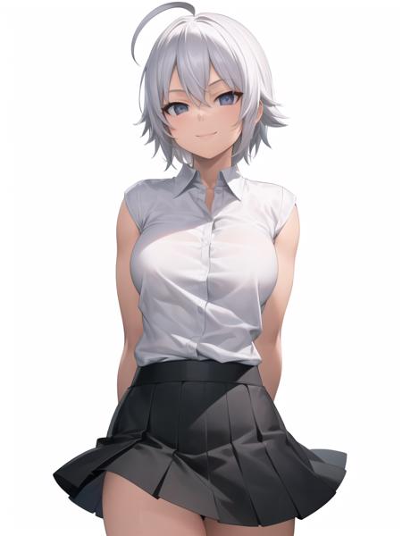 lasterk, upper body, (arms behind back:1.3),  ((masterpiece, best quality)), (1girl), (solo), (female focus), (ahoge, white hair, short hair), black eyes, light smile, ((white shirt), (buttoned shirt)), ((black skirt), (short skirt)), standing, white background, arms behind back, <lora:lasterkf1:1>