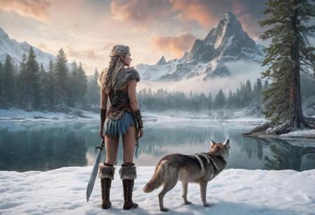 Beautiful winter landscape, majestic frozen lake extending from foreground to background. skyrim nordic warrior woman viking next to her pet wolf standing in front left foreground looking at background steam rising fog off the water evergreen trees, snow capped mountains in the background,aurora borealis visible in the sky, stars visible in the sky. high resolution photo realistic. some rocks and fallen pine trees in the foreground. High quality DSLR professional photograph. 120 film quality, high definition, crisp photorealistic details.