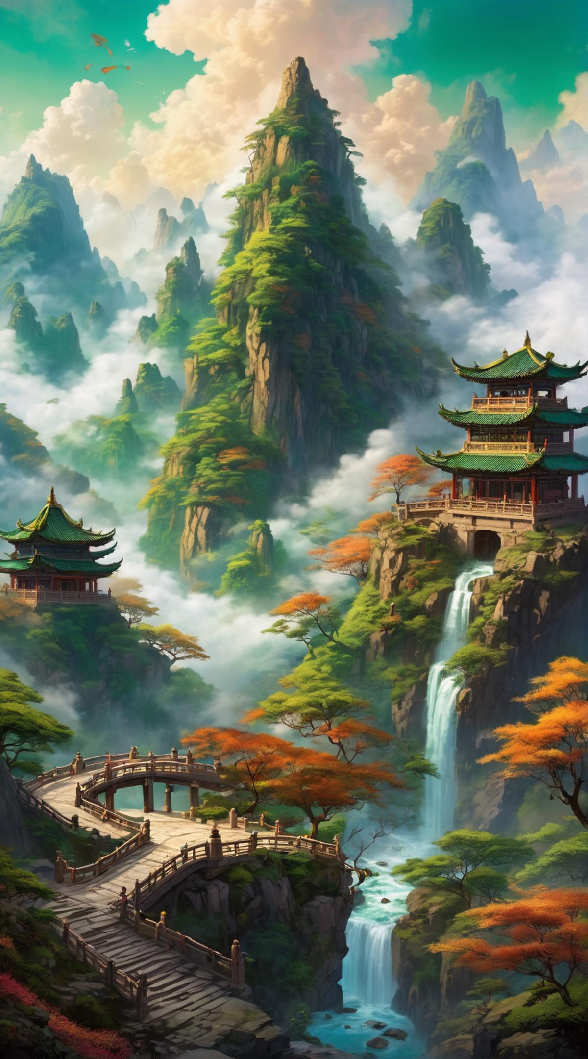 A colorful painting of a mountain with pagoda-style buildings, a waterfall, and a bridge.