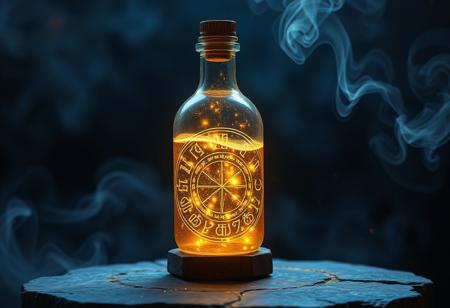 ancient mana potion, glowing ethereal liquid, shimmering with mystical energy, crystalline bottle, intricate runes carved into the glass, celestial blue and golden hues, softly glowing vapor rising from the potion, suspended particles of light within the liquid, swirling magical essence, divine aura, sacred elixir of the gods, delicate floral and herbal aromas, golden cap adorned with ancient symbols, floating in mid-air, surrounded by soft magical light, radiant energy pulsating from the potion, high resolution, photorealism, ((masterpiece)), aura of divine power, ancient and revered, soft glowing runes on the bottle's surface, potion bottle resting on a stone altar, cosmic patterns swirling in the potion, shimmering like the night sky, mythical ingredients infused within