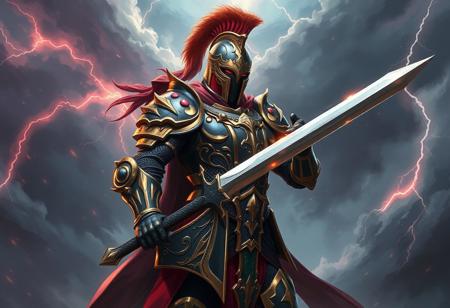A breathtaking dark fantasy digital illustration, trending on ArtstationHQ, depicting a formidable knight in a dynamic action pose. The knight stands resolute, imbued with vivid emotions, against a tempestuous, stormy sky. His intricately designed armor, a striking blend of dominant gold and black with splashes of vibrant red and deep green accents, gleams with a Grammer Effect Style finish. The helmet, with its articulated visor and an opulent plume, enhances his regal bearing. A powerful, gleaming sword is held firmly in his right hand, reflecting the stormy light, while a ready shield protects his left. His stance is one of profound readiness, poised for a joyous impact and a powerful message. The background is a chaotic, dramatic stormy sky, abundant with swirling clouds and explosive lightning bolts, heralding an intense storm. This high-res, 4K image showcases exceptional quality with more detail, sharp lines, and masterful brush strokes, like a beautiful matte painting. The stunning, harmonious, multi-colored palette and contemporary aesthetics are meticulously handcrafted with precision. The impeccable composition, with a creative angle and attractive background, ensures intentional focus and a well-timed moment, embracing the golden ratio. Rendered with Houdini Style, this piece features super detailed face, eyes, and clothes, and elements of Splash Ink Illustration for dramatic effect. No discernible text.