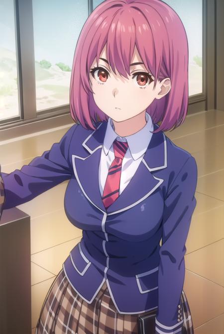 hisako arato, short hair, (red eyes:1.3), pink hair, skirt, school uniform, jacket, pleated skirt, necktie, striped, plaid, plaid skirt, blazer, striped necktie,