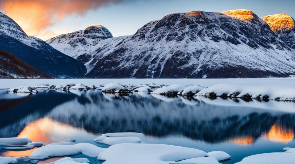 a beautiful norway landscape, water, mountains, refractions, snow, realistic, cold colors, antview, natural, sunset, ((sha...