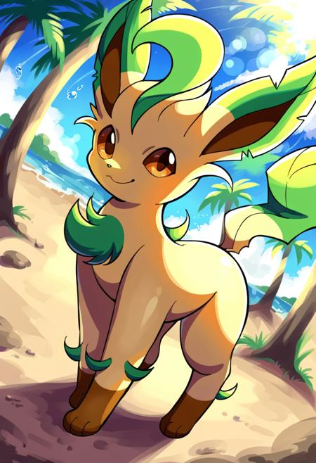 L34F30N, long ears, brown eyes, tan body, dark brown paws, green body sprouts, green leafy ears, green leafy tail, brown nose, quadraped, brown inner ears pokemon \(creature\)