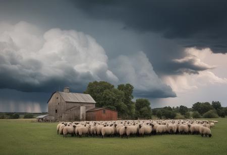 Cumulo-nimbus storm cloud landscape, close-up flocks of grazing sheep, background antique wooden farmhouse with antique grain silo, photography very realist