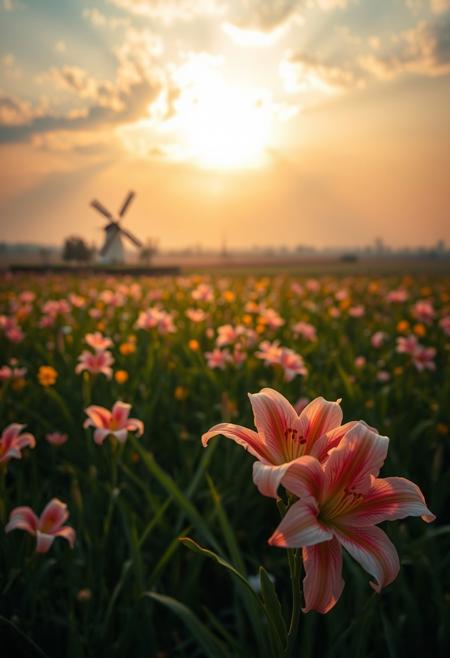 detailed background, from above,( Calm spring morning landscape), beautiful view, Flower Field, lily flower in full bloom, lily flower, early morning, sunrise sky, beautiful clouds, dappled sunlight, 
I can see a windmill in the distance, 
depth of field, masterpiece, best quality, ultra-detailed, very aesthetic, illustration, perfect composition, intricate details, absurdres, moody lighting, wisps of light, no humans,