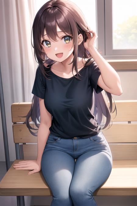 1girl, adjusting hair, indoors, long hair, sitting on a chair, tucked in t-shirt, jeans,  curvy, :D,blush,  <lora:adjusting_hair_v1:0.8>